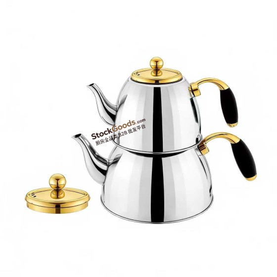 1.0L/2.0L Silver & Gold Stainless Steel Double Teapot, Zinc Alloy Handle, Composite Bottom, 0.45MM 201 Grade