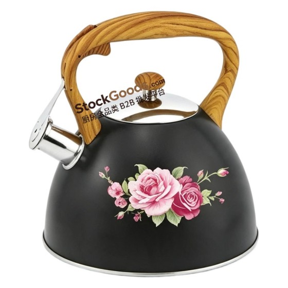 3.0L Whistling Kettle with Wood Grain Handle, Black with Pink Rose Decal