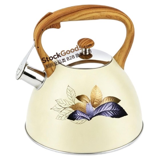 3.0L Whistling Kettle with Wood Grain Handle, Cream with Golden Leaf Decal