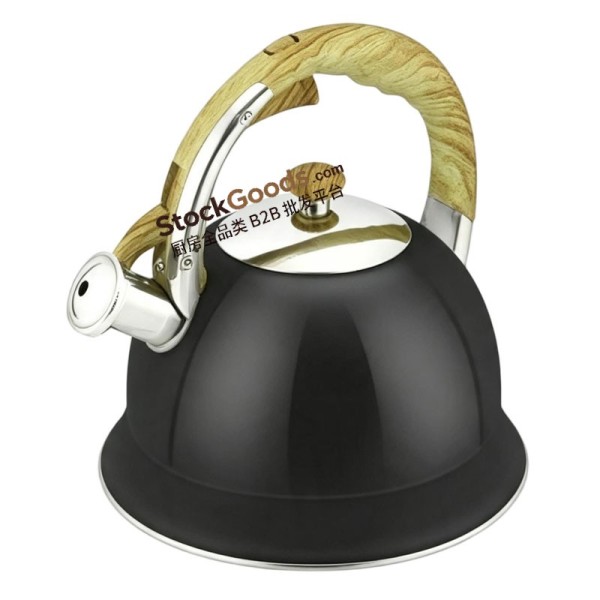 3.0L Pumpkin Shape Stainless Steel Whistling Kettle, Wood Grain Heat Resistant Handle, Black