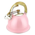 3.0L Pumpkin Shape Stainless Steel Whistling Kettle, Wood Grain Heat Resistant Handle, Pink
