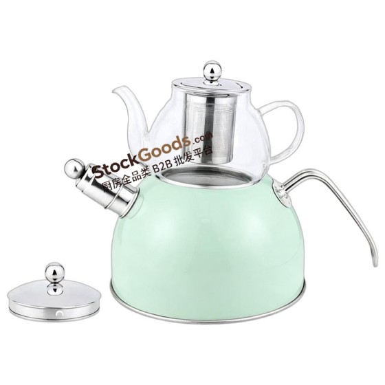 3.0L Stainless Steel Kettle & 0.6L Glass Teapot Set with Infuser, Mint Green