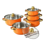 Orange 5‑Piece 16‑24cm Stainless Steel Pot Set, Golden Handle & Golden Knob, Glass Lid Soup Pot