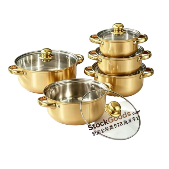 Golden 5‑Piece 16‑24cm Stainless Steel Pot Set, Golden Handle & Golden Knob, Glass Lid Soup Pot