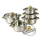 Silver 5‑Piece 16‑24cm Stainless Steel Pot Set, Golden Handle & Golden Knob, Glass Lid Soup Pot