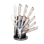 Ensemble 9 couteaux motif or rose, support, ciseaux, éplucheur, baguette affûtage