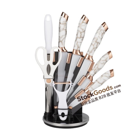 Ensemble 9 couteaux motif or rose, support, ciseaux, éplucheur, baguette affûtage