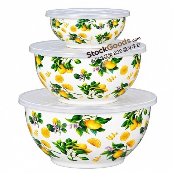Premium Printed Enamel Salad Bowl with PP Lid, Multiple Patterns Available