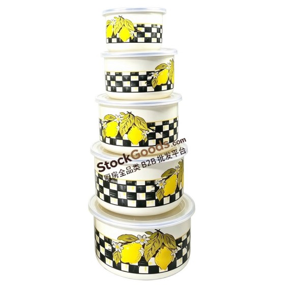 Enamel Food Storage Bowl 5Pcs Set 10/12/14/16/18cm, Food Grade Plastic Lid, Multiple Patterns Available