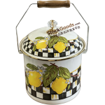18/20/22cm Premium Enamel Storage Bucket With Lemon Check Designs & Metal Lid, Rice Milk Canister, Gold Rim Wooden Grip, Zinc Alloy Acrylic Lid Knob