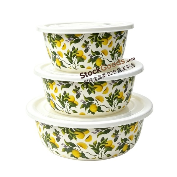 3 Pcs Enamel Bowl Set with Golden Rim, Food Grade Plastic Lids, 24cm/28cm/32cm, Bottom with Logo, Multiple Patterns Available