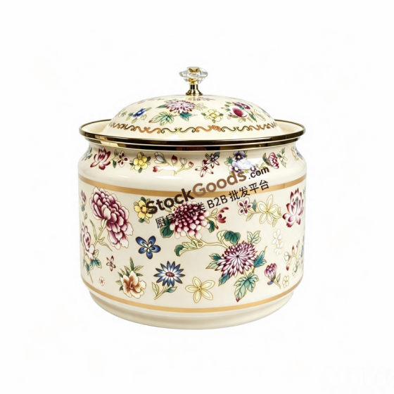 Premium White Decal Enamel Candy Jar with Golden Rim & Crystal Golden Knob, Multiple Patterns Available, 2 Sizes Optional (18cm / 20cm)