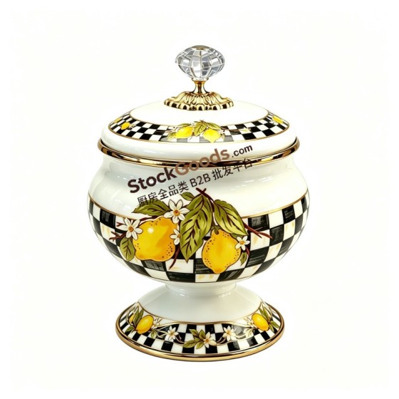 High Quality Enamel Candy Jar, Golden Rim, Golden Knob, Multiple Patterns Available