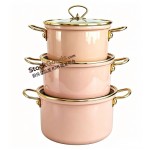 20/22/24cm 3Pcs Enamel Stock Pot Set with Golden Double Handles & Golden Rim, Glass Lid with Knob, 16 Colors Optional