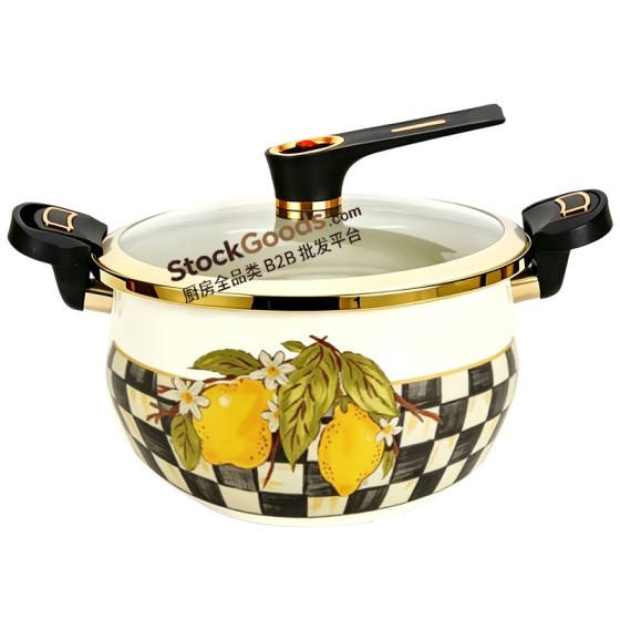 GüzelEmaye High Grade Belly Shape 27cm/6.2L Enamel Micro Pressure Cooking Pot With Lemon Decals For Wholesale