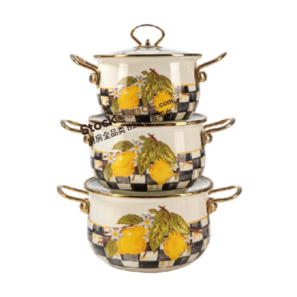 18cm/20cm/22cm High-Grade Lemon Decals Enamel Pot Set With Glass Lid & Golden Handle With Black Bottom Logo
