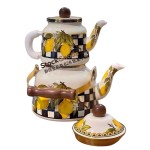 GüzelEmaye Lemon Decals 1.0L/2.5L Luxury Enamel Teapot Set, Wooden Knob Lid & Handle With Golden Rim