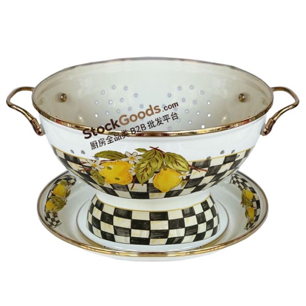 High-Grade Lemon Decals Enamel 22cm Serving Plate + Large 23cm Enamel Colander Set With Golden Rim