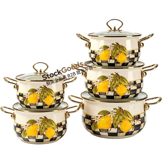 18cm/20cm/22cm/24cm/26cm High-Grade Lemon Decals Enamel Pot Set With Glass Lid & Golden Handle With Black Bottom Logo