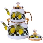 GüzelEmaye Lemon Decals 1.0L/2.5L Luxury Enamel Teapot Set, Golden Crystal Knob Lid & Metal Handle With Golden Rim