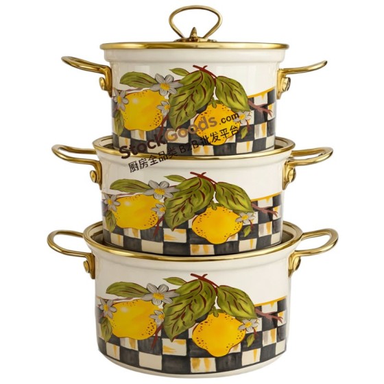 20/22/24cm 3 Pcs High Quality Lemon Decals Enamel Casserole Pot With Golden Rim & Knob Spill-Proof Glass Lid