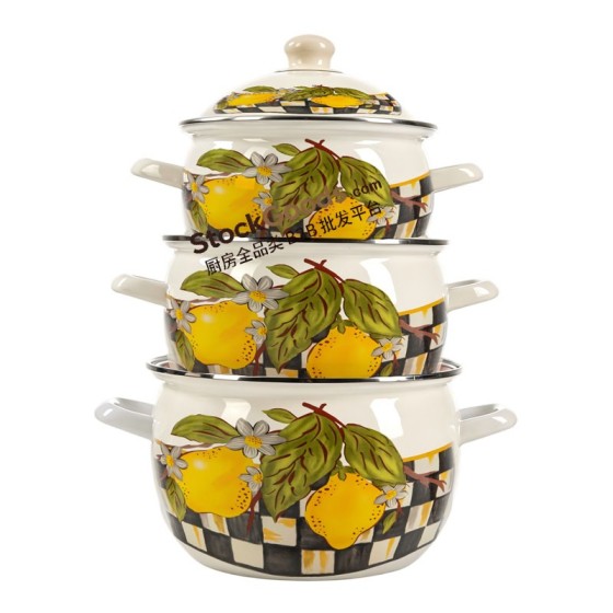22/24/26cm High Quality Lemon Decals Enamel Apple Shape Casserole Pot With Decal Lid And Enamel Hollow Handles