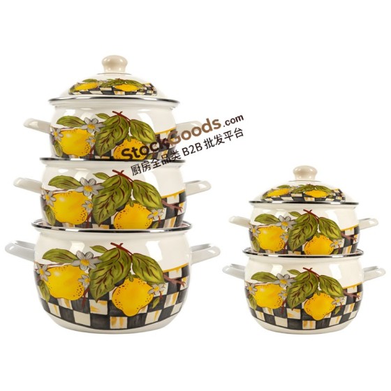 18/20/22/24/26cm High Quality Lemon Decals Enamel Apple Shape Casserole Pot 5Pcs Set With Decal Lid And Enamel Hollow Handles