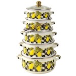 5 Pcs Medium Large Size Enamel Casserole Set 14/16/18/20/22cm Lemon Pattern With Golden Knob & Double Handles