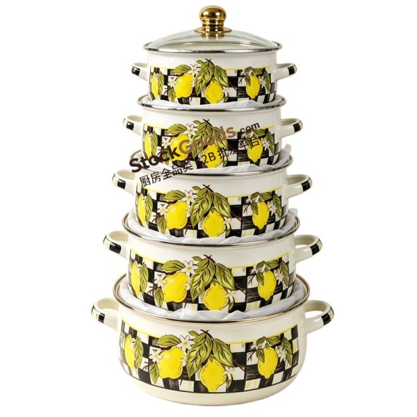 5 Pcs Medium Large Size Enamel Casserole Set 14/16/18/20/22cm Lemon Pattern With Golden Knob & Double Handles