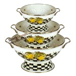 3 Pcs Enamel Colander Set 16/23/28cm Lemon Decoration with Golden Handle and Rim