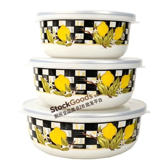 3 Pcs Lemon Pattern Enamel Storage Bowl Set 12/14/16cm With Sealed Plastic Lid