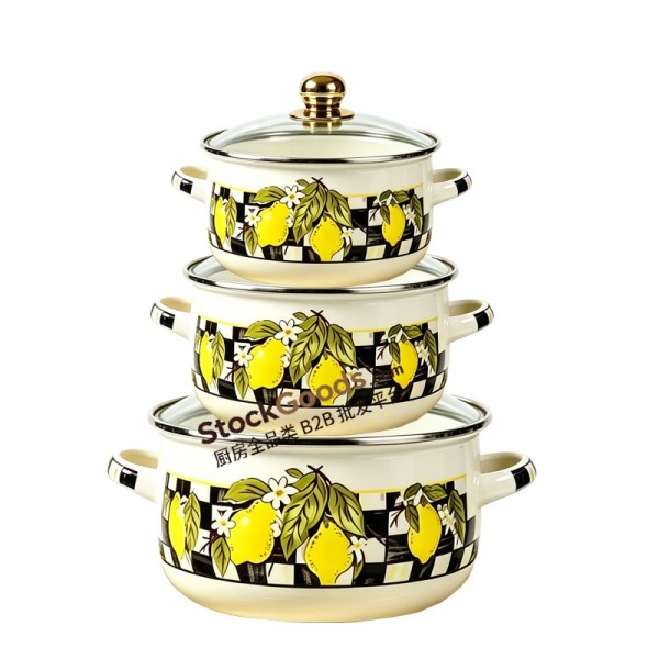 3 Pcs Large Enamel Casserole Pot Set 14/16/18cm Lemon Print With Golden Knob & Double Handles