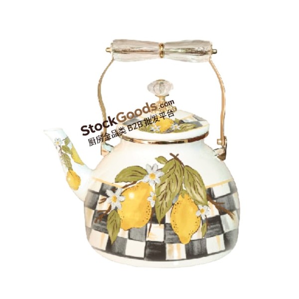 1.2L High Quality Lemon Decals Enamel Kettle With Golden Rim & Knob and Crystal Handle