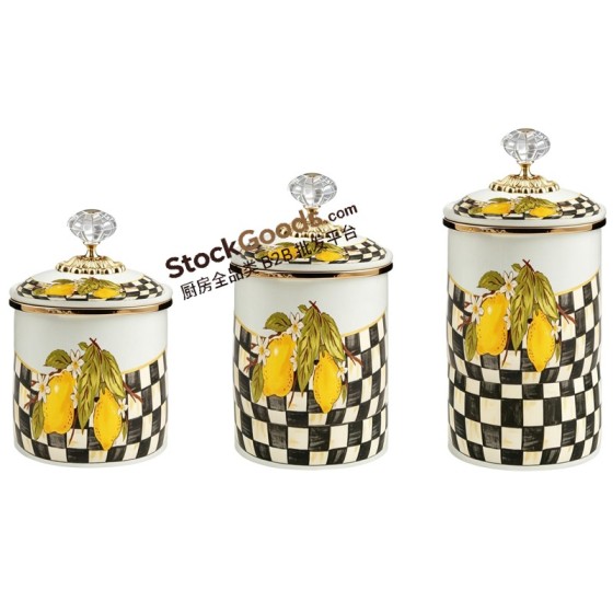 3 pcs Luxury High Quality Lemon Decals Enamel Canister Jar Set With Golden Knob Lid