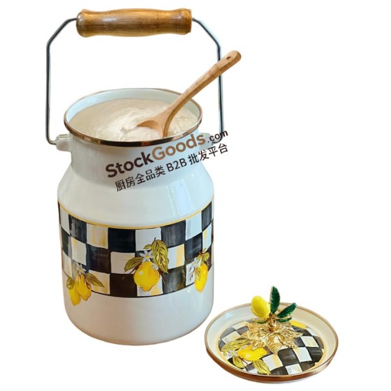 2.0L High Quality Lemon Decals Enamel Milk Jar Enamel Milk Bucket With Wood Handle