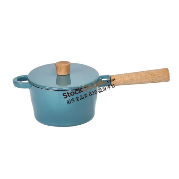 19×15cm Cast Iron Enamel Milk Pot, 1.4L Enamel Saucepan with Single Wooden Handle & Lid, 3 Colors Available