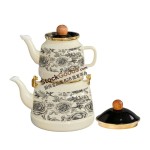 GüzelEmaye 1.0L/2.5L Luxury Enamel Teapot Set, Wooden Knob Lid, Black Floral Pattern, Gold Rim