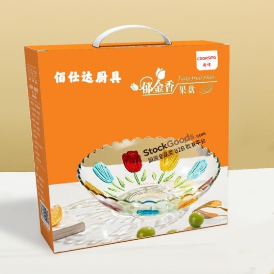 24cm/1300ml Hand-Painted Tulip Glass Food Container Plate Fruit Dessert Plate Fruit Bowl With Tulip Designs