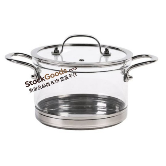 Borosilicate Glass Stock Pot with Glass Lid, Stainless Steel Handle & Knob, SUS304 Clad Bottom, 5 Sizes Available, Induction Cooker Compatible