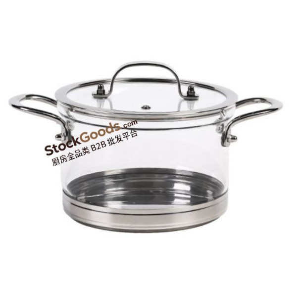 Borosilicate Glass Stock Pot with Glass Lid, Stainless Steel Handle & Knob, SUS304 Clad Bottom, 5 Sizes Available, Induction Cooker Compatible