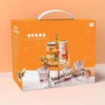 Christmas Elk Printed Glass Beverage Dispenser Set,3.6L Juice Jar With Tap & Wooden Stand + 4Pcs 200ml Pink‑rim Glass Cups Gift Box