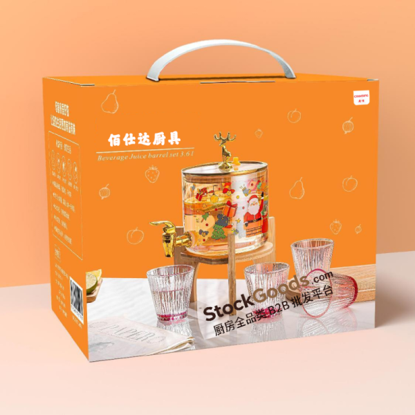 Christmas Elk Printed Glass Beverage Dispenser Set,3.6L Juice Jar With Tap & Wooden Stand + 4Pcs 200ml Pink‑rim Glass Cups Gift Box