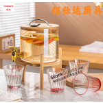 Plain Non‑Print Glass Beverage Dispenser Set,2.6L Juice Jar With Tap & Wooden Stand + 4Pcs 200ml Pink‑rim Glass Cups Gift Box