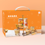 Christmas Elk Printed Glass Beverage Dispenser Set,2.6L Juice Jar With Tap & Wooden Stand + 4Pcs 200ml Amber‑rim Glass Cups Gift Box