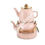 Ensemble de théières émaillées luxueuses GüzelEmaye 1,0L/2,5L avec boutons et poignées en bois colorés et bord doré et accessoires