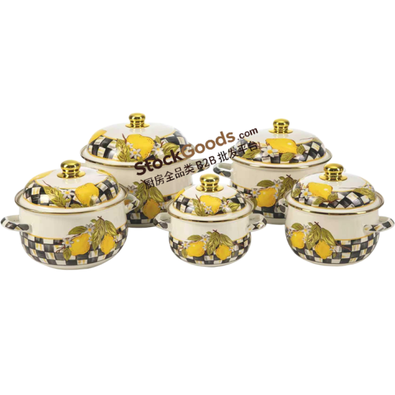GüzelEmaye High Quality Lemon Plaid Decals Golden Rim & Knob Enamel Lid & Hollow Handles Enamel Belly Shape Pot Multiple Sizes Available