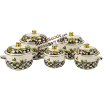 Casserole ventrée en émail GüzelEmaye haute qualité décor carreaux à motifs d'oiseaux bord doré couvercle émail à bouton poignées creuses plusieurs tailles