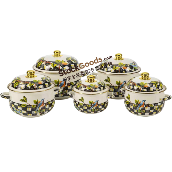 Casserole ventrée en émail GüzelEmaye haute qualité décor carreaux à motifs d'oiseaux bord doré couvercle émail à bouton poignées creuses plusieurs tailles