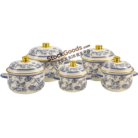 GüzelEmaye High Quality Blue Bird Decals Golden Rim & Knob Enamel Lid & Hollow Handles Enamel Belly Shape Pot Multiple Sizes Available
