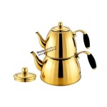 1.0L/2.0L Gold Plated Stainless Steel Double Teapot, Zinc Alloy Handle, Composite Bottom, 0.45MM 201 Grade